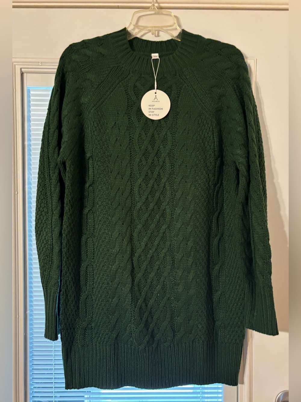Cable-Knit Crewneck Sweater Dress Dark Green